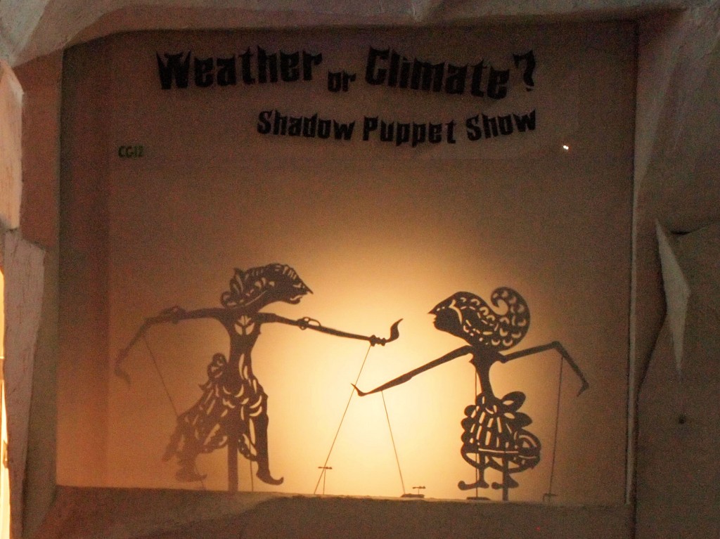 A bit of Indonesian culture at the Singapore Science Centre. Wayang kulit characters assist with the global warming presentation.